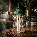 Starbucks Bearista Glass Cold Cup Tumbler with Green Beanie Hat Lid & Straw – 20oz (591ml)