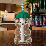Starbucks Bearista Glass Cold Cup Tumbler with Green Beanie Hat Lid & Straw – 20oz (591ml)