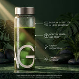 Athletic Greens daily nutrition powder in a glass bottle with benefits for digestion, brain health, energy, and immune defense.