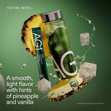 Athletic Greens daily nutrition powder in a glass, featuring a smooth flavor with hints of pineapple and vanilla.