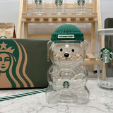 Starbucks Bearista Glass Cold Cup Tumbler with Green Beanie Hat Lid & Straw – 20oz (591ml)